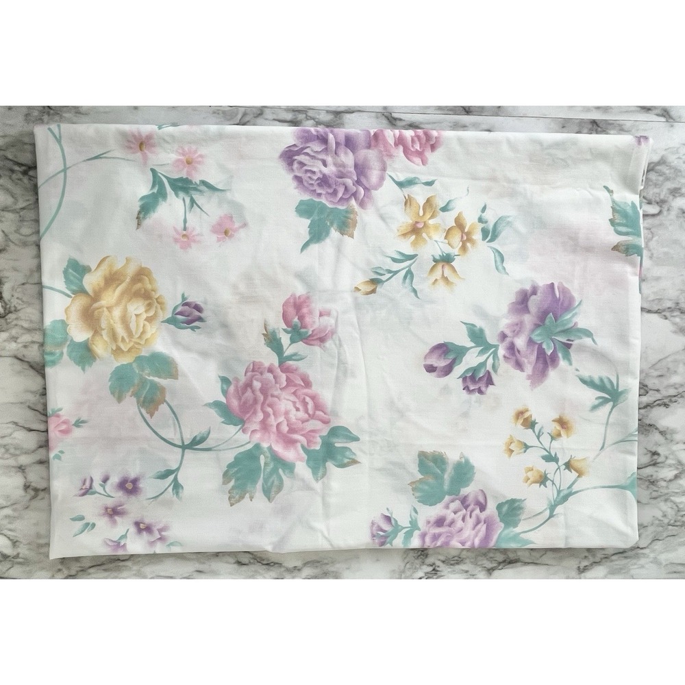 Cannon Vtg‎ Twin Flat Sheet Floral Pink Purple Yellow Rose Cottagecore USA